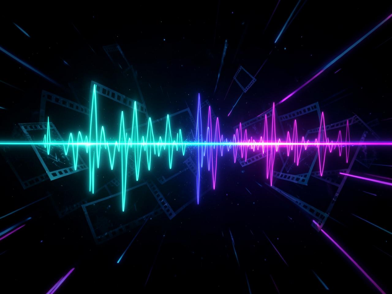 Onda de audio y fotogramas de película con luces de neón